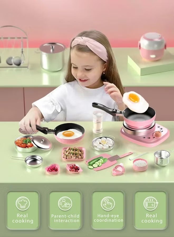 Soofam Mini Kitchen Real cooking full set of cooking girls small kitchen set childrens baby educational play house toys[Anti-scald Antibacterial Small Electric Furnace] Stainless Steel 139 PSC - Image 2