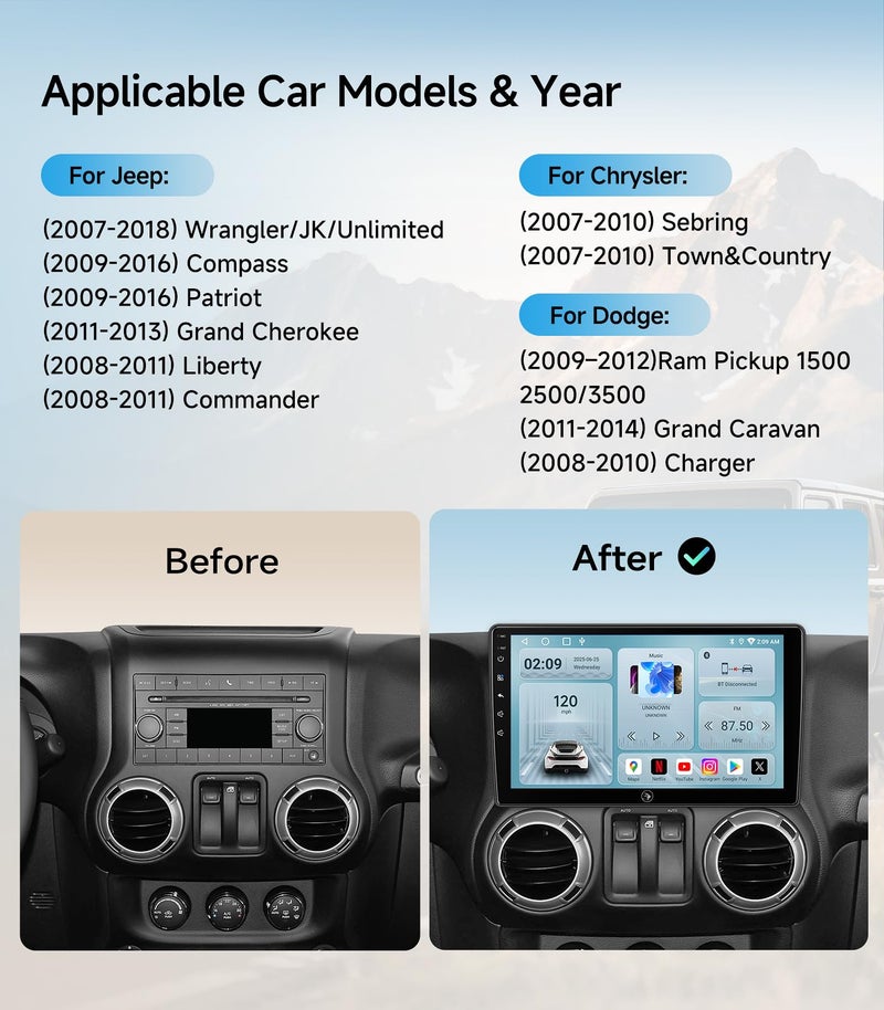 AINAVIGO Car Radio for Jeep Wrangler JK Compass Grand Cherokee Dodge Ram Upgrade Stereo Wireless CarPlay Android Auto Touch Screen/Android13/Bluetooth/GPS Navigation/HD Backup Camera - Image 2