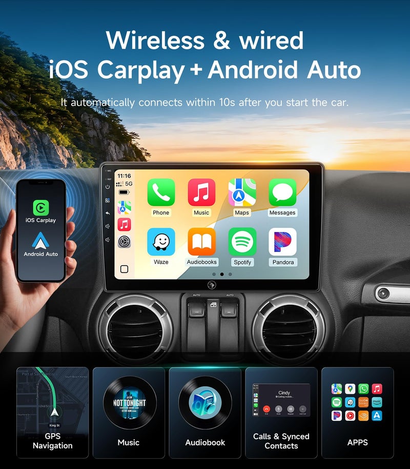 AINAVIGO Car Radio for Jeep Wrangler JK Compass Grand Cherokee Dodge Ram Upgrade Stereo Wireless CarPlay Android Auto Touch Screen/Android13/Bluetooth/GPS Navigation/HD Backup Camera - Image 3