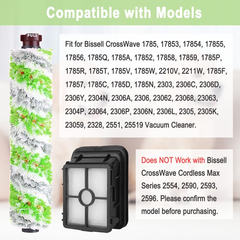 Bvhonwe 8 Pack Replacement Parts for Bissell CrossWave Pet Pro 2306A & CrossWave 1785 Series 3888A Vacuum Cleaner, 4 Pack 2460 Brush Rolls, 4 Pack 1866 Filters, Compare to Part 1613568&161-3568, 1608684 - Image 2