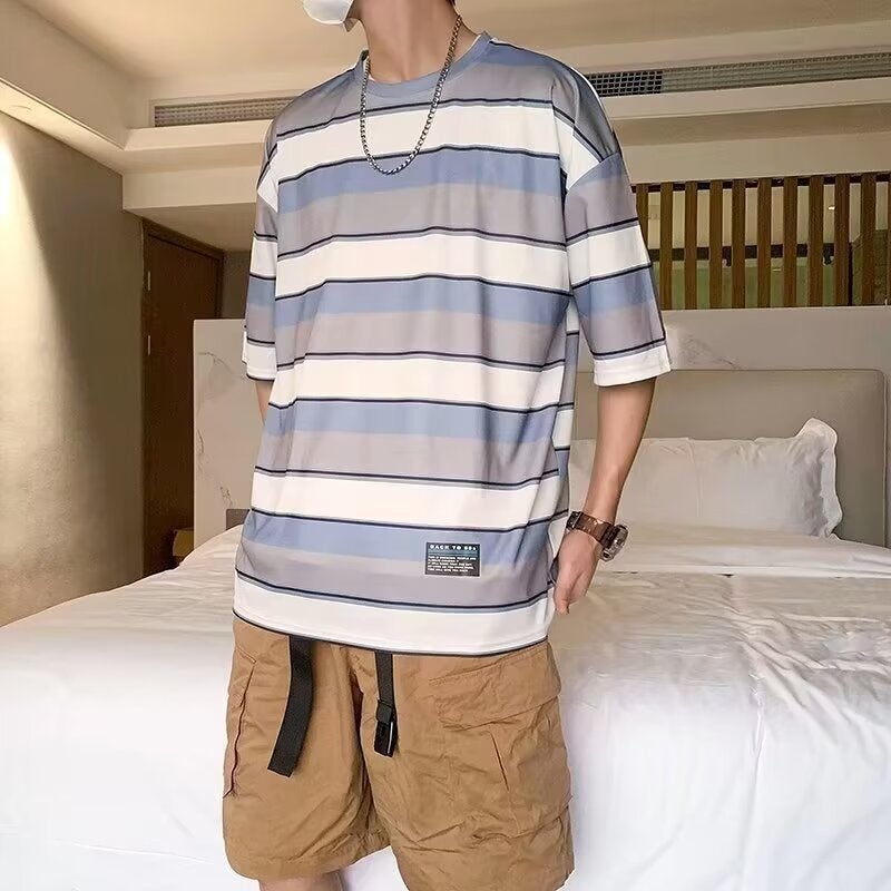 Men's 2024 Summer New Japanese Style Retro Contrast Striped T-shirt Loose All-match Teenager Short-sleeved Trendy - Image 5