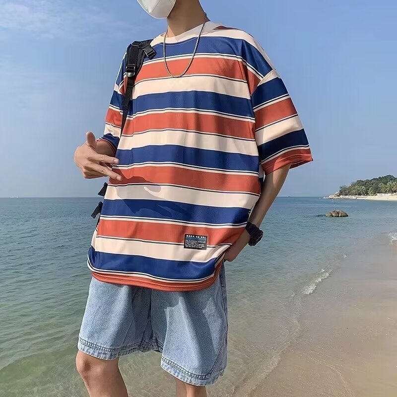 Men's 2024 Summer New Japanese Style Retro Contrast Striped T-shirt Loose All-match Teenager Short-sleeved Trendy - Image 4