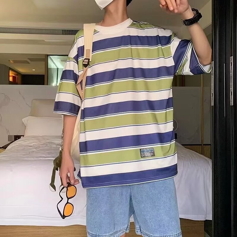 Men's 2024 Summer New Japanese Style Retro Contrast Striped T-shirt Loose All-match Teenager Short-sleeved Trendy - Image 2