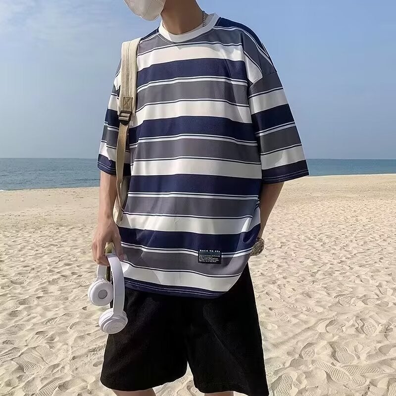 Men's 2024 Summer New Japanese Style Retro Contrast Striped T-shirt Loose All-match Teenager Short-sleeved Trendy - Image 3