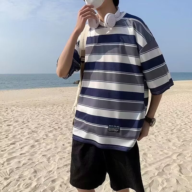 Men's 2024 Summer New Japanese Style Retro Contrast Striped T-shirt Loose All-match Teenager Short-sleeved Trendy - Image 1