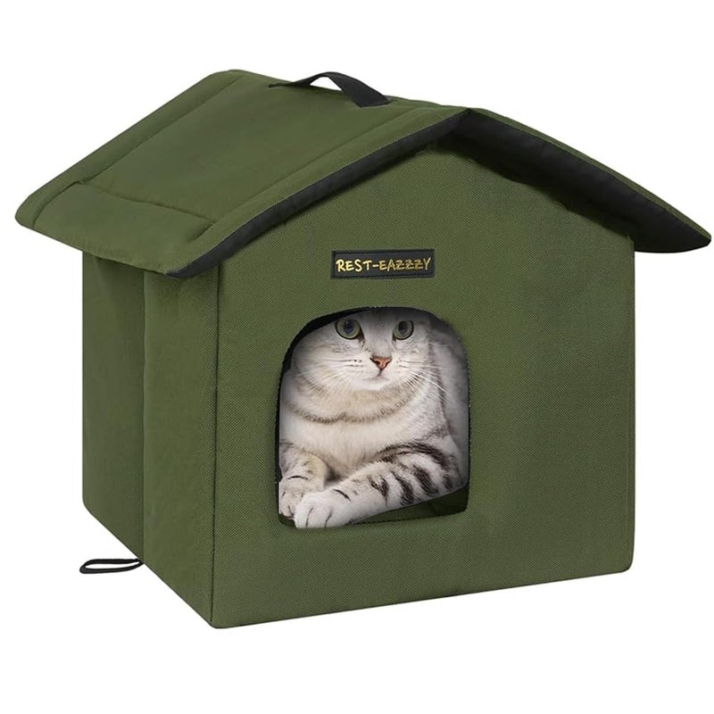 Rest-Eazzzy Cat House for Outdoor Cats, Weatherproof and Insulated Feral Cat House with Mat and Clip, Easy to Put Together, Selfwarming Cat Shelter for Winter(Olive Green, Canopy House X 1) - Image 1