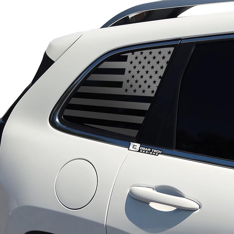 BOGAR TECH DESIGNS American Flag Rear Side Quarter Window Precut Decals for Jeep Cherokee 2014-2021, Matte Black - Image 1