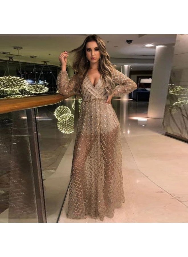 Gold Summer V-neck Backless Sequin Mesh Evening Gown Long Dress