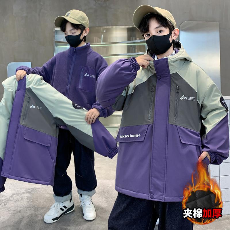 Boys' Thickeneded Jacket Three-In-One Detachable Jacket Medium And Large Kidsren'S Boys' Winter Clothing - Image 2