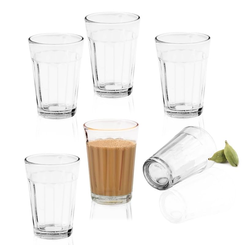 Pure Source India طقم أكواب شاي زجاجية من مصدر نقي الهند مجموعة من 6 أكواب شاي كاتينغ زجاجية للقهوة لتزيين المنزل والمطبخ والمطعم 120 مل - Image 1