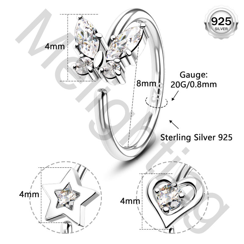 Melighting 20G Nose Ring Hoop 925 Sterling Silver Seamless Open Nose Piercing Dangle Star/Butterfly/Heart Helix Earring Clear CZ 8 mm Cartilage Earring Nose Jewelry for Women - Image 5