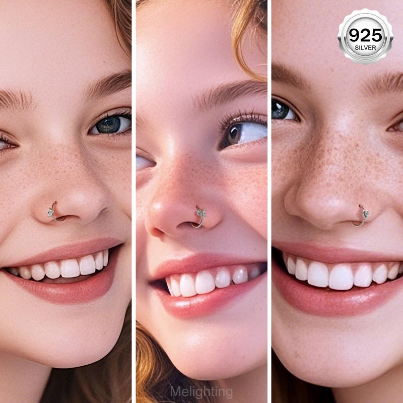 Melighting 20G Nose Ring Hoop 925 Sterling Silver Seamless Open Nose Piercing Dangle Star/Butterfly/Heart Helix Earring Clear CZ 8 mm Cartilage Earring Nose Jewelry for Women - Image 3