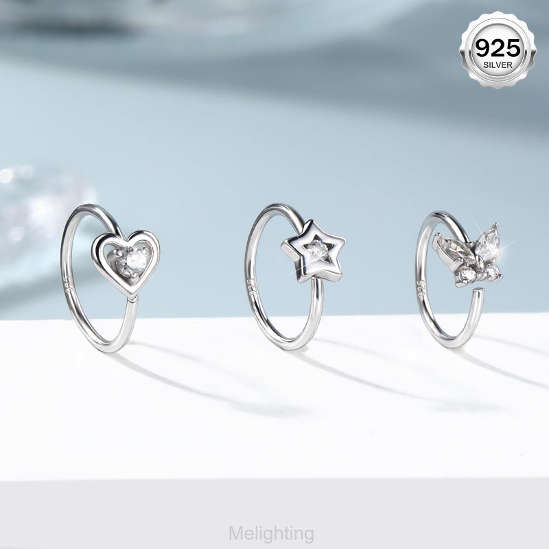 Melighting 20G Nose Ring Hoop 925 Sterling Silver Seamless Open Nose Piercing Dangle Star/Butterfly/Heart Helix Earring Clear CZ 8 mm Cartilage Earring Nose Jewelry for Women - Image 4