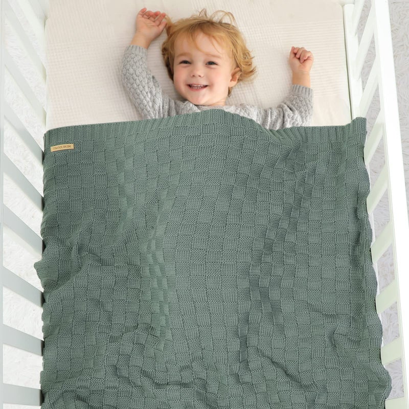 LAWKUL Green Baby Blankets Knitted Cable Babe Blanket Soft Airy Newborn Infant Receiving Swaddle Boy Girl Stroller 40"x30" - Image 2
