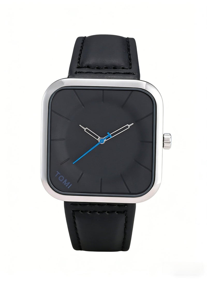 TOMI Men's Minimalist Square Silver Quartz Watch, Black Dial with Blue Accents & Leather Strap - Image 1