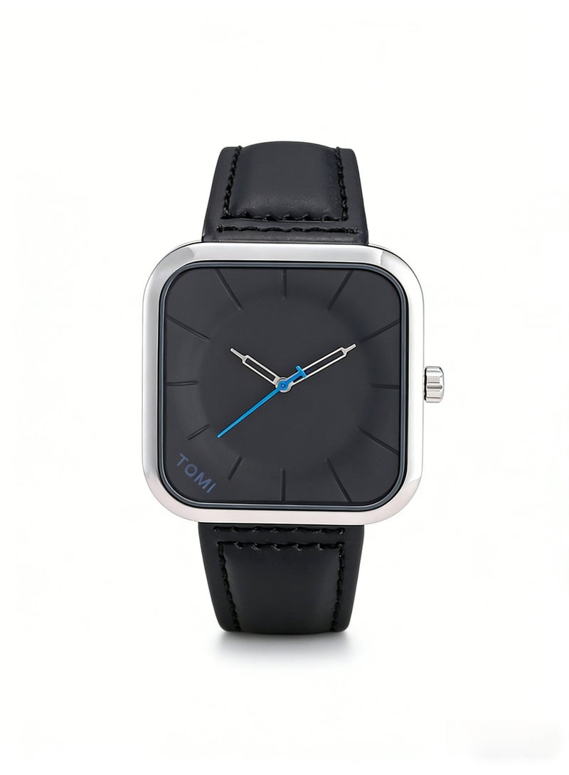 TOMI Men's Minimalist Square Silver Quartz Watch, Black Dial with Blue Accents & Leather Strap - Image 3
