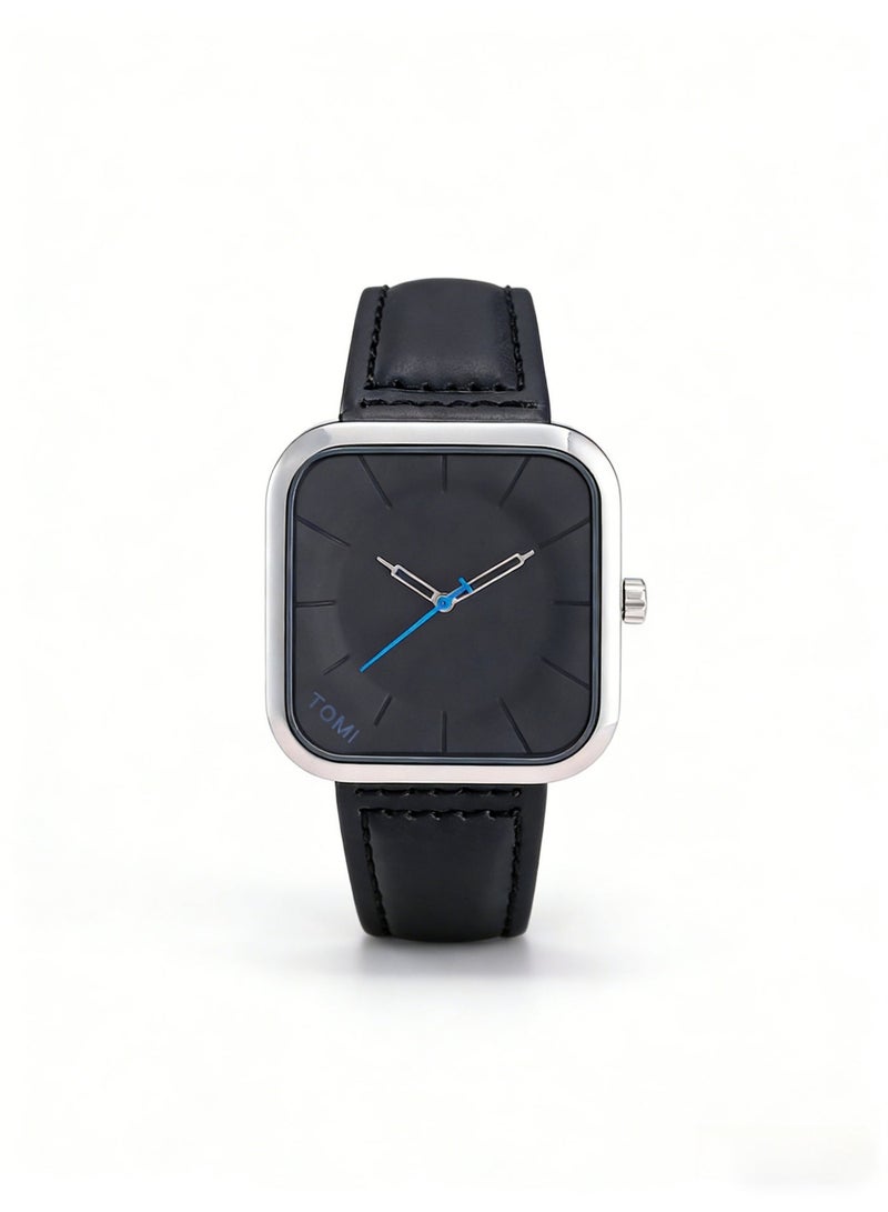TOMI Men's Minimalist Square Silver Quartz Watch, Black Dial with Blue Accents & Leather Strap - Image 2