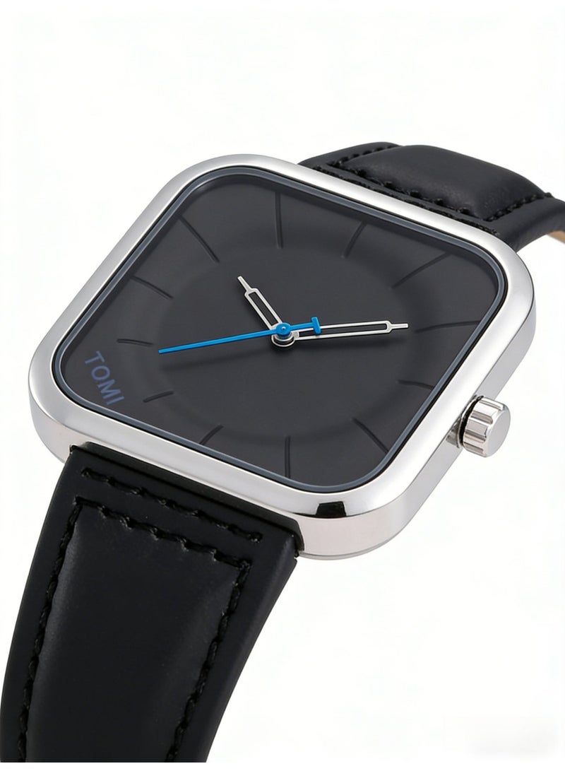 TOMI Men's Minimalist Square Silver Quartz Watch, Black Dial with Blue Accents & Leather Strap - Image 4