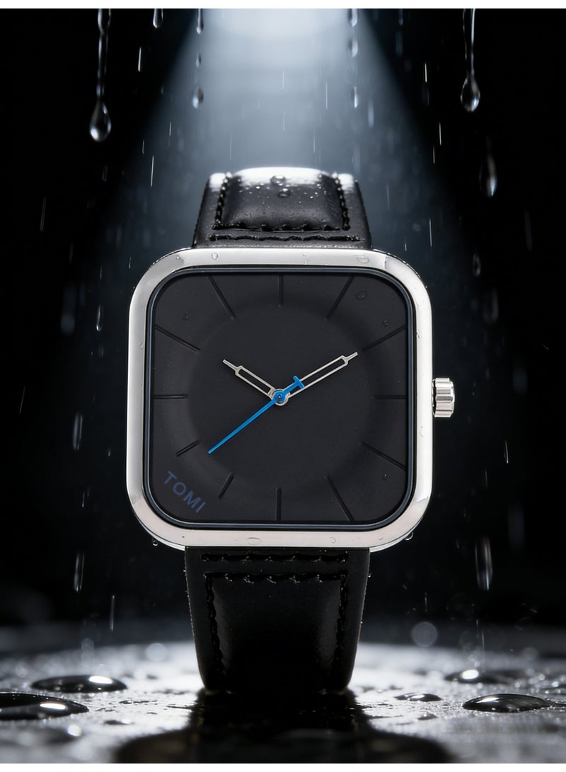 TOMI Men's Minimalist Square Silver Quartz Watch, Black Dial with Blue Accents & Leather Strap - Image 5