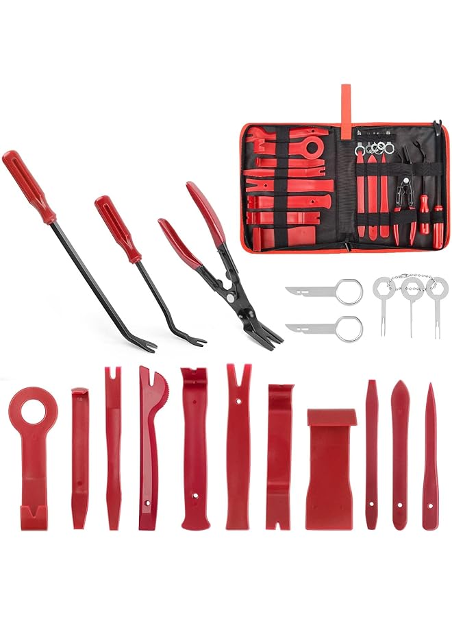 X spring Spring Trim Removal Tool, 19 Pcs Car Panel Door Audio Trim Removal Tool Kit, Nylon Car Panel Removal Set With Portable Storage Bag For Car Panels, Dashboards, Doors, Audio, Radio And Stereo (Red) - Image 1