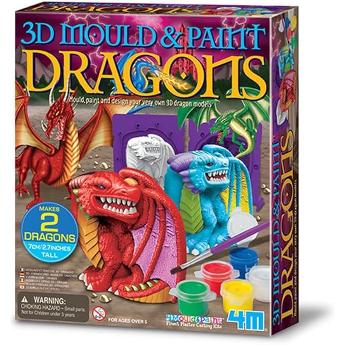 4M Mould & Paint 3D Dragon Kit - يلقي وطلاء شخصيتين من التنين من الجص ثلاثي الأبعاد
