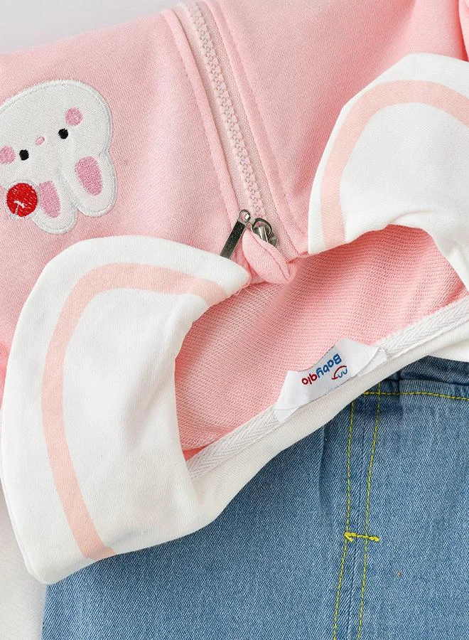 babyqlo Adorable Pink Bunny Jacket, T-shirt and Pant Set for Girls