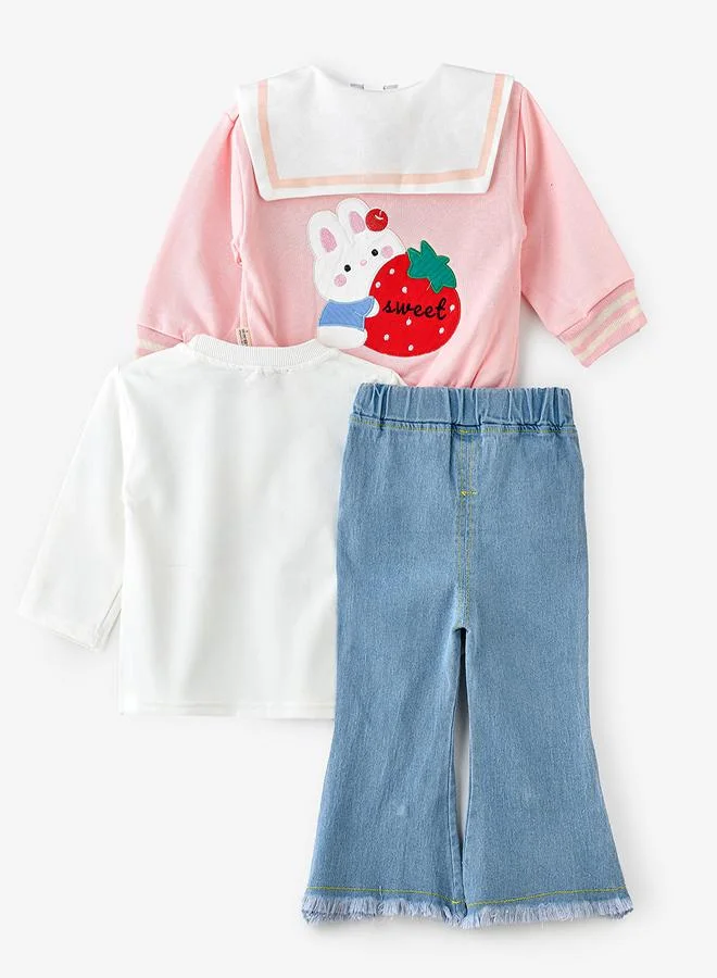 babyqlo Adorable Pink Bunny Jacket, T-shirt and Pant Set for Girls