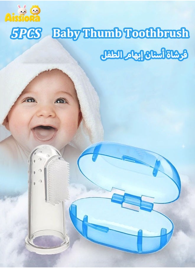 آيسيورا 5 قطع مجموعة إبهام الطفل فرشاة أسنان الطفل سيليكون اللاتكس فرشاة أسنان تنظيف أسنان الطفل فرشاة سيليكون طلاء لسان الطفل فرشاة تنظيف فرشاة أسنان الإصبع (شفاف + صندوق أزرق)  - Image 1