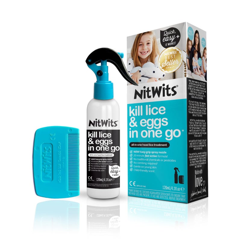 NitWits All-in-One Head Lice Treatment Spray, Kills Lice, Super Lice & Eggs, Includes Lice Spray 120ml & Lice Comb, Lice Treatment for Kids & Adults - Image 1