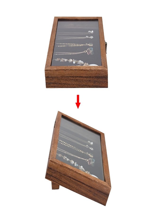 MOOCA Tempered-Glass Top Wooden Jewelry Display Case with Removable Base, Black Luxurious Velvet Jewelry Display Pad & 20 Removable Pins, Deeper 2.2" Design for Collectibles, Brown Color - Image 4