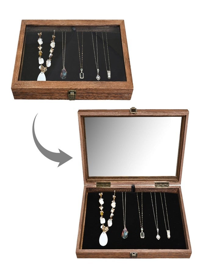MOOCA Tempered-Glass Top Wooden Jewelry Display Case with Removable Base, Black Luxurious Velvet Jewelry Display Pad & 20 Removable Pins, Deeper 2.2" Design for Collectibles, Brown Color - Image 3