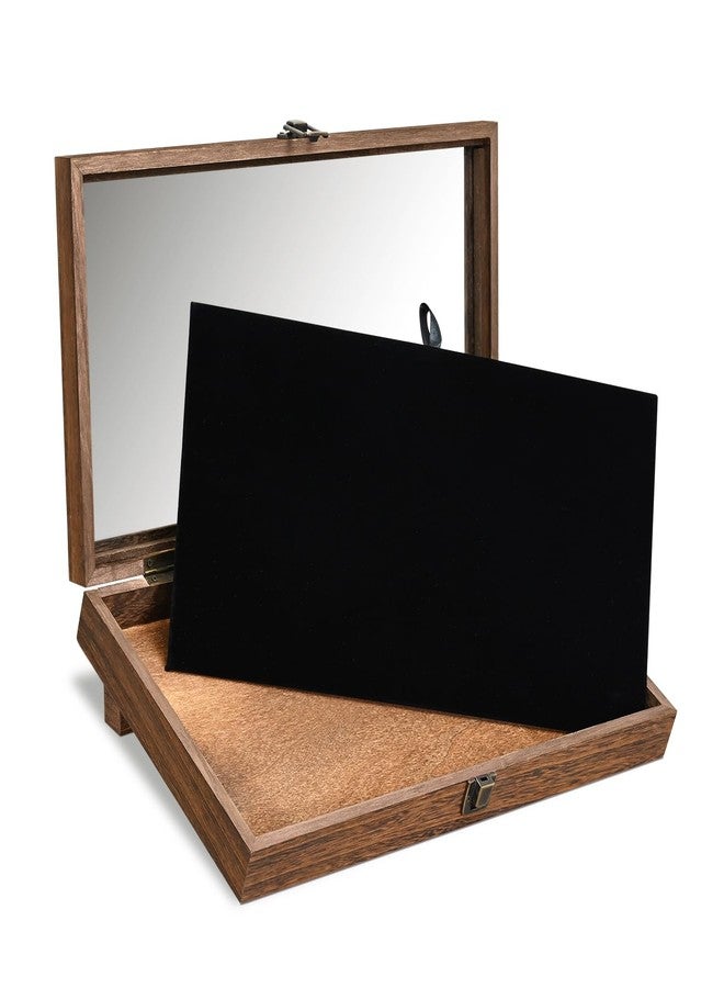 MOOCA Tempered-Glass Top Wooden Jewelry Display Case with Removable Base, Black Luxurious Velvet Jewelry Display Pad & 20 Removable Pins, Deeper 2.2" Design for Collectibles, Brown Color - Image 1