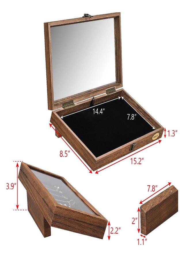 MOOCA Tempered-Glass Top Wooden Jewelry Display Case with Removable Base, Black Luxurious Velvet Jewelry Display Pad & 20 Removable Pins, Deeper 2.2" Design for Collectibles, Brown Color - Image 2