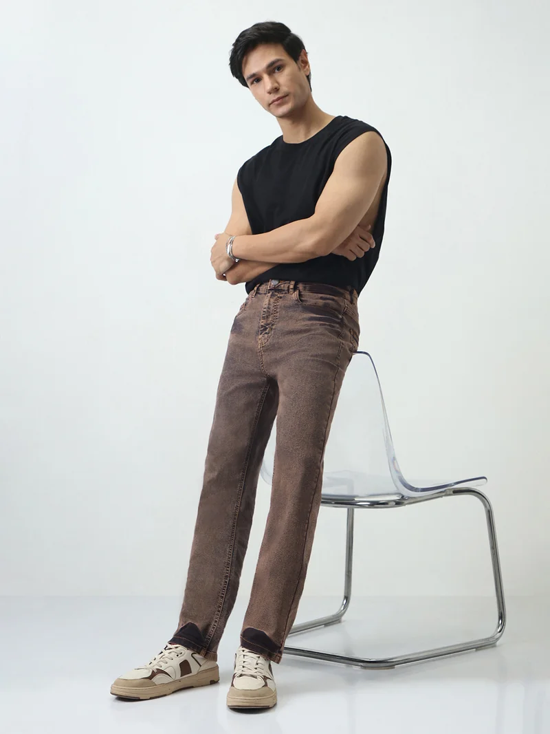 Urbano Fashion  Urbano Fashion Men's Light Brown Straight Fit Heavy Washed Jeans Stretchable for Men | Best Price UAE