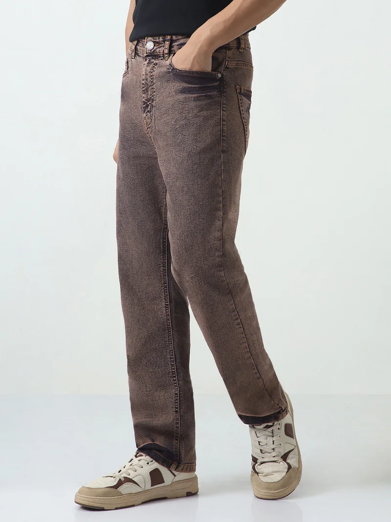 Urbano Fashion Men's Light Brown Straight Fit Heavy Washed Jeans Stretchable