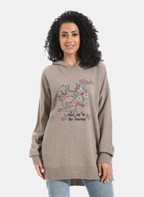 Printed Long Sleeves Hoodie _ Beige