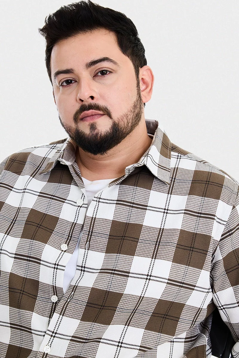 SNITCH Olive Checkered Long Sleeve Regular Fit Casual Plus Size Shirt