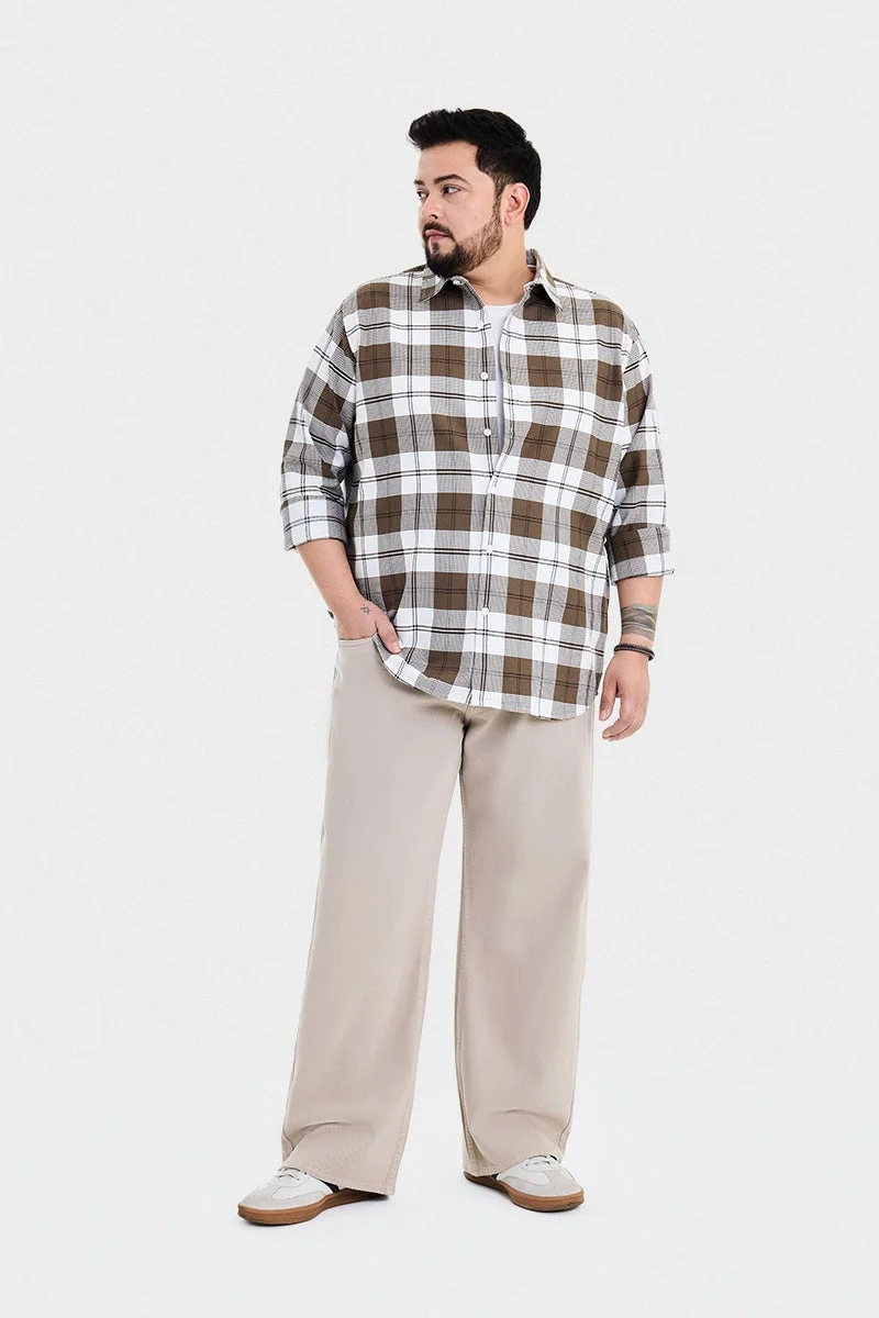 SNITCH Olive Checkered Long Sleeve Regular Fit Casual Plus Size Shirt