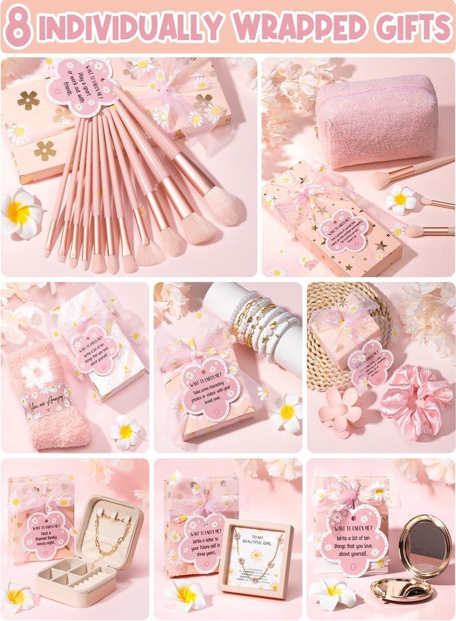 Qinline Birthday Gifts for Tween Teen Girls - 8 PCS Gifts Basket Teen Girl Gifts Trendy Stuff Girls Fun Empower Gift Box w/Task Tags Make up Brushes Makeup Bag, Graduation Gifts Idea for Her Niece Daughter - Image 3
