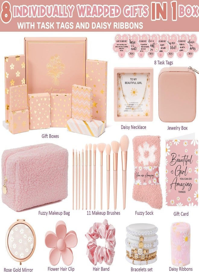 Qinline Birthday Gifts for Tween Teen Girls - 8 PCS Gifts Basket Teen Girl Gifts Trendy Stuff Girls Fun Empower Gift Box w/Task Tags Make up Brushes Makeup Bag, Graduation Gifts Idea for Her Niece Daughter - Image 2