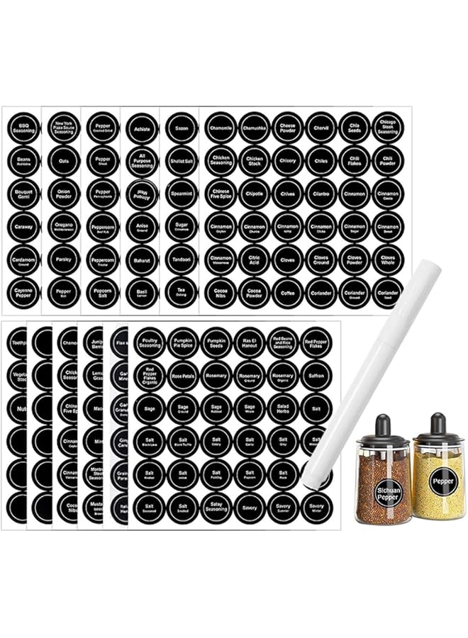 erorex 12 Sheets Spice Labels Stickers 3.5Cm Black Spice Labels For Kitchen 432Pcs Waterproof Adhesive Round Preprinted Spice And Blank Labels With 1Pcs Erasable Pen For Jars Caps Spice Organizers  - Image 1