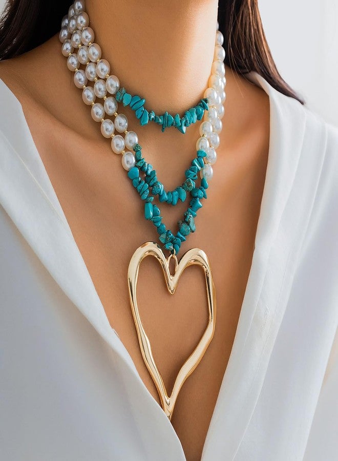 Chargances Boho Large Love Heart Pendant Necklace Layered Pearl and Turquoise Chain Choker Fashion Jewelry for Women - Image 2