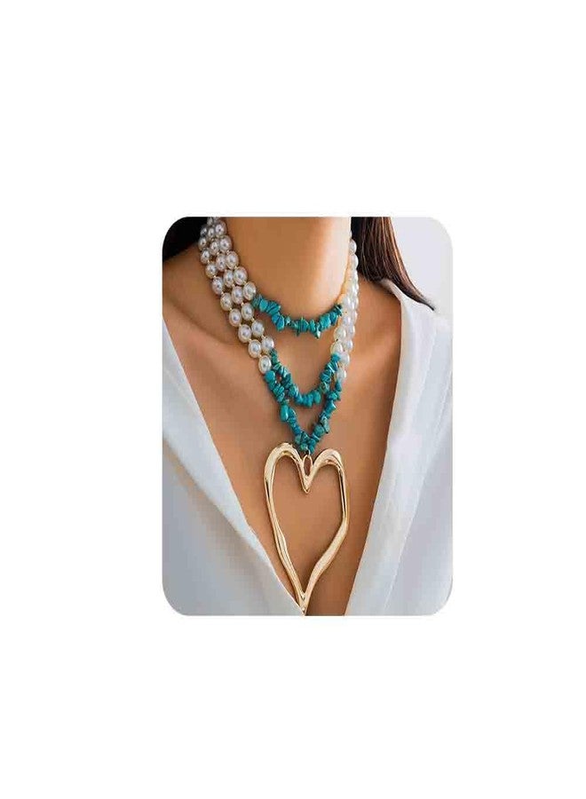 Chargances Boho Large Love Heart Pendant Necklace Layered Pearl and Turquoise Chain Choker Fashion Jewelry for Women - Image 1