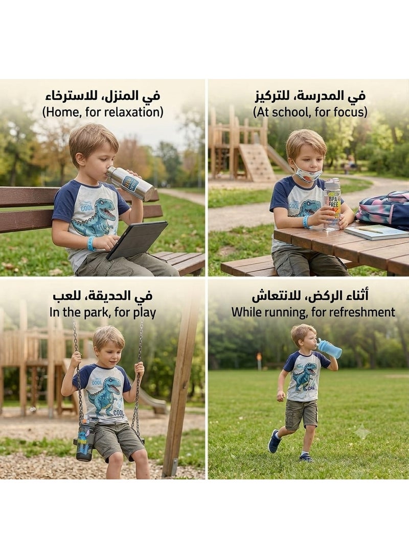زمزمية مياه للأطفال بفتحات شرب مزدوجة، مزودة بشفاطة سيليكون وأزرار فتح سريعة، خالية من BPA، مع حزام حمل مريح للاستخدام اليومي. - Image 2