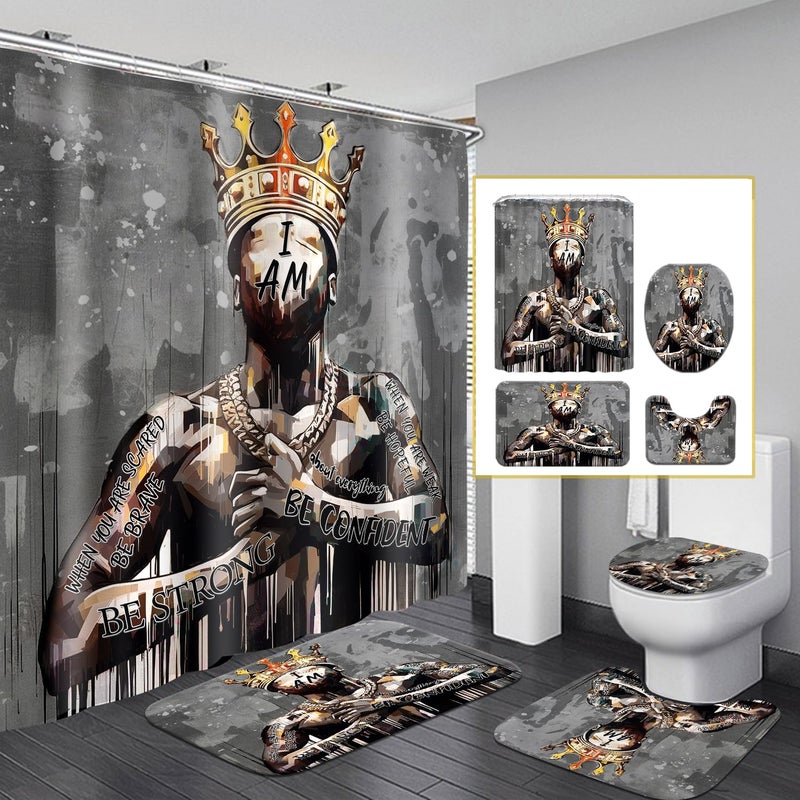 Omebero Black King Shower Curtain Set with Hooks, Powerful African American Praying Man Shower Curtains with Rugs Toilet Lid Cover Bath Mat, Cool Black Man Waterproof Bathroom Decor Shower Curtain Sets - Image 1