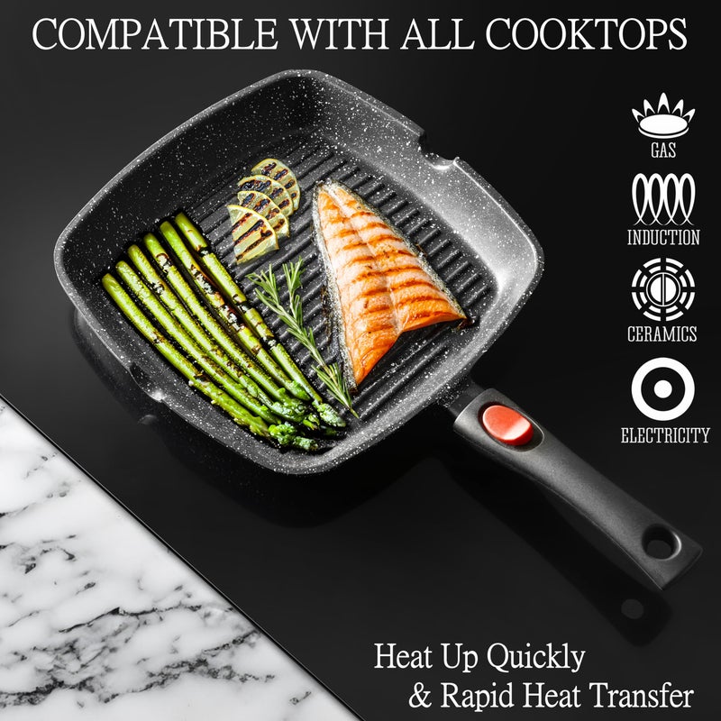 Moss & Stone Square Grill Pan for Indoor Cooking, 11-Inch Nonstick Griddle Skillet with Removable Handle, RV Die-Cast Aluminum Stove Top Grill Pan for Meats & Vegetables, Detachable Handle - Image 3