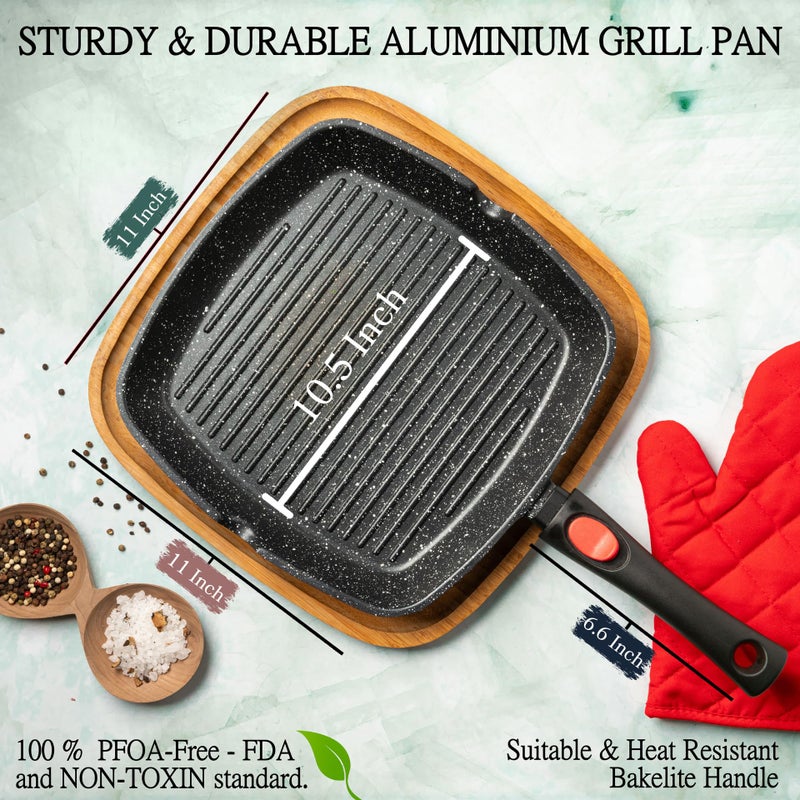 Moss & Stone Square Grill Pan for Indoor Cooking, 11-Inch Nonstick Griddle Skillet with Removable Handle, RV Die-Cast Aluminum Stove Top Grill Pan for Meats & Vegetables, Detachable Handle - Image 2