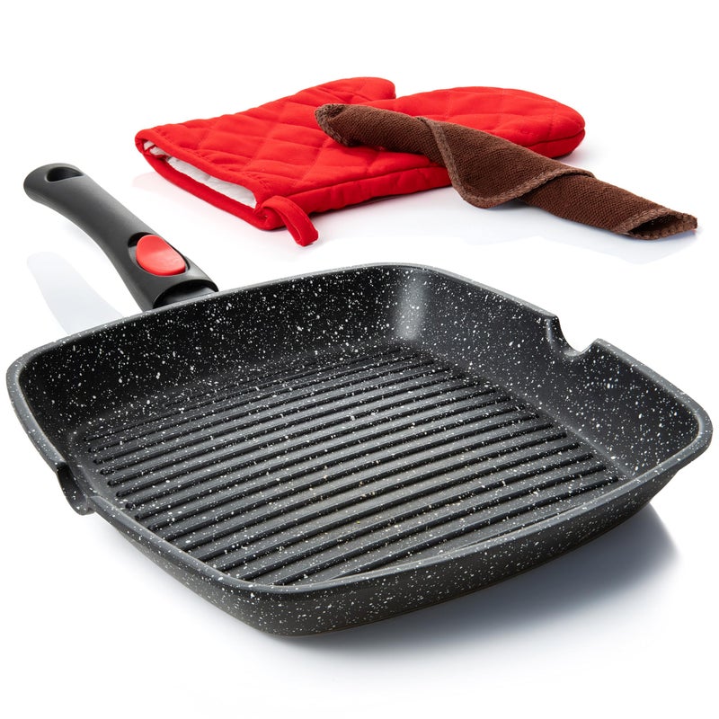Moss & Stone Square Grill Pan for Indoor Cooking, 11-Inch Nonstick Griddle Skillet with Removable Handle, RV Die-Cast Aluminum Stove Top Grill Pan for Meats & Vegetables, Detachable Handle - Image 1
