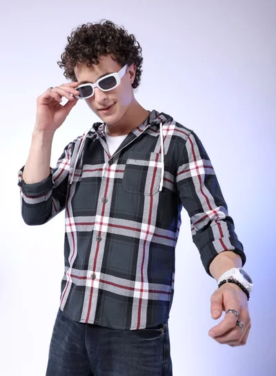 شركة المرآب الهندية Men Regular Fit Checkered Full Sleeves Hooded Street Wear Over Shirt