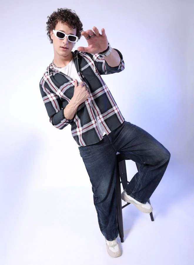 The Indian Garage Co Men Regular Fit Checkered Full Sleeves Hooded Street Wear Over Shirt